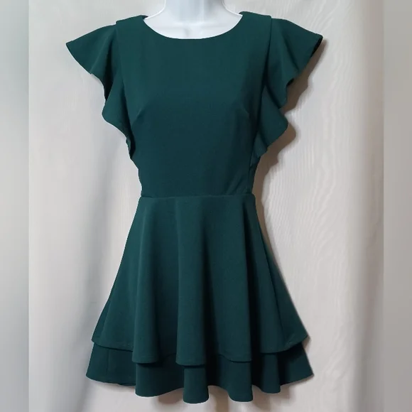 Crystal Doll Women's Green Flutter Sleeve Fit & Flare Mini Dress. S - Picture 4 of 13